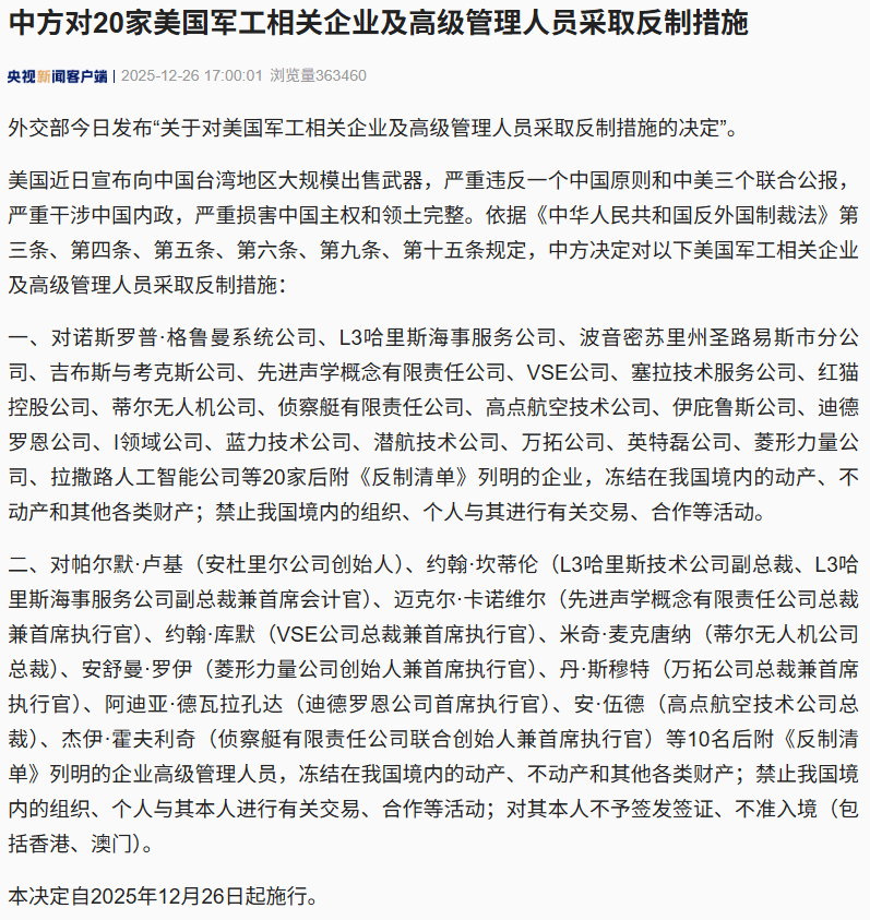 皇冠信用网占成代理_美宣布向中国台湾地区大规模出售武器皇冠信用网占成代理,中方对20家美国军工相关企业采取反制措施